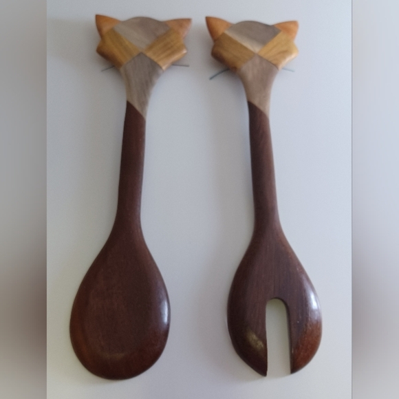 Cat Inlaid Wood Salad Servers Spoon & Fork Set - Picture 2 of 2